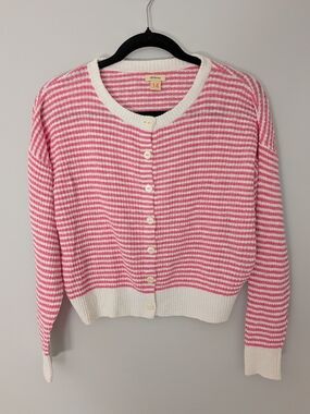 Bellerose Belgium Pink White Striped Cotton Linen Cardigan Sweater Size 14